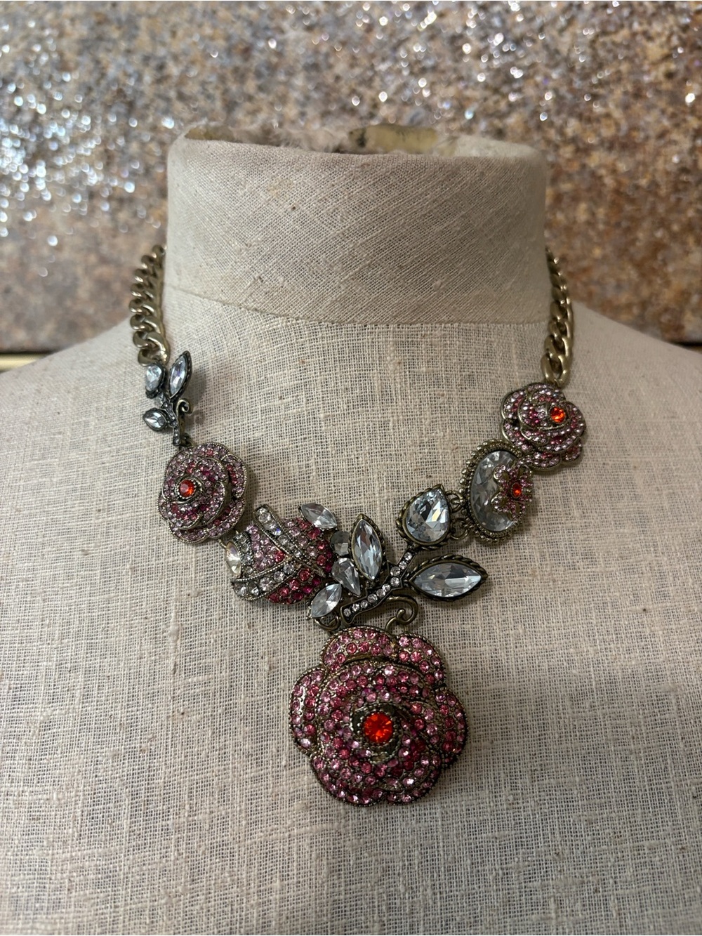 Betsey Johnson Pink Rhinestone Rose Statement Necklace Brass Tone Floral - Picture 2 of 10